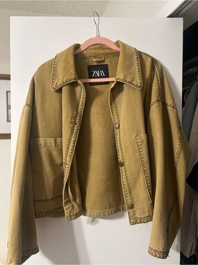 ZARA Mustard Boxy Jean Jacket with Decorative Stitching
